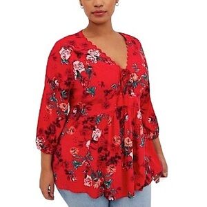 Torrid Red Floral Babydoll Eyelet Elastic Back Bishop Sleeve Lace-Up Top 3 = 3X